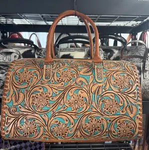 Brown & turquoise tooled genuine hand tooled leather speedy bag