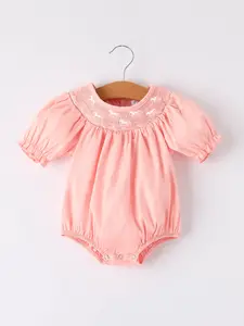 Girls Horse Smocking Embroidered Coral Romper