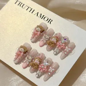 10pcs|TRUTH AMOR Cowboy Lace Bear Press-On Nails・Handmade Pure Sweet INS Style|Cute Bow  Reusable for Date & Tea Time|PureSweetNails|INSBearNails |CowboyLaceNails,nail kit set，nail kit，my nail set，Bedazzled kit