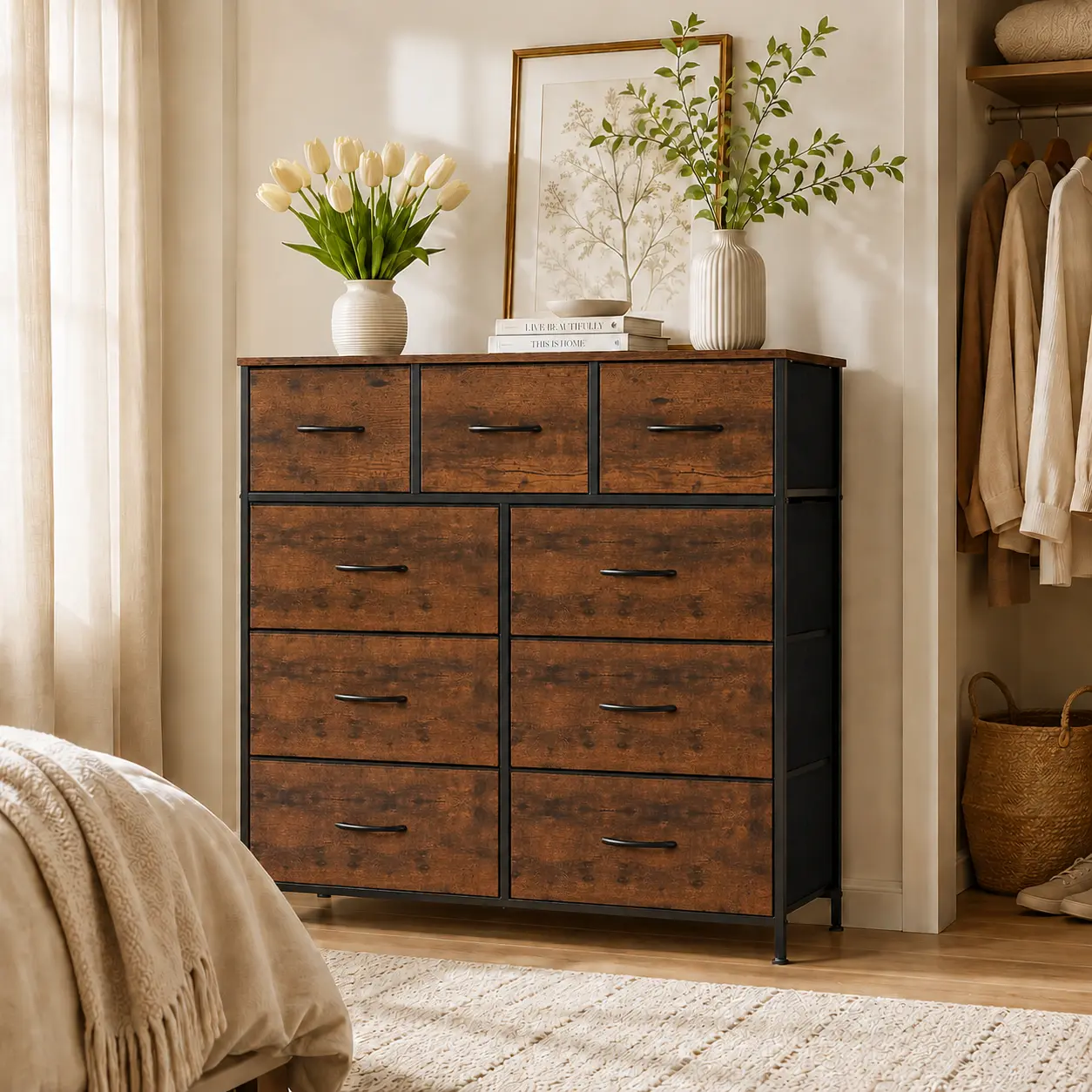 [Summer Deal] 9-Drawer Dresser, Storage Unit Organizer Chest for Clothes, Tall Dresser & Chest for Bedroom, Hallway, Living Room, Wood Top Cabinets Organizing