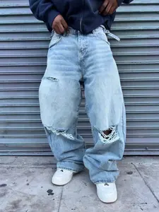 Men's Trendy Vintage Ripped Distressed Denim Jeans, Loose Straight Leg Wide Leg Pants, Fashionable and Handsome Casual Wear