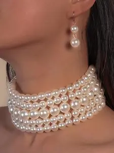 Women's Wide Face Five-Row Pearl Beaded Choker Fashion Necklace, Elegant Faux Pearl Jewelry for Parties and Weddings, High-Quality Pearl Accessory