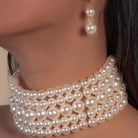 Women's Wide Face Five-Row Pearl Beaded Choker Fashion Necklace, Elegant Faux Pearl Jewelry for Parties and Weddings, High-Quality Pearl Accessory