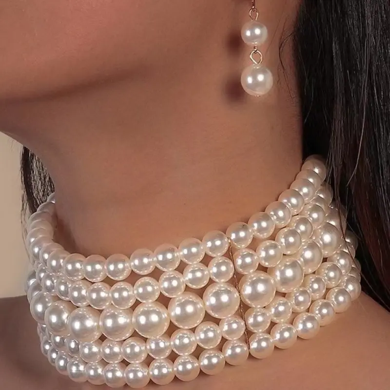 Women's Wide Face Five-Row Pearl Beaded Choker Fashion Necklace, Elegant Faux Pearl Jewelry for Parties and Weddings, High-Quality Pearl Accessory