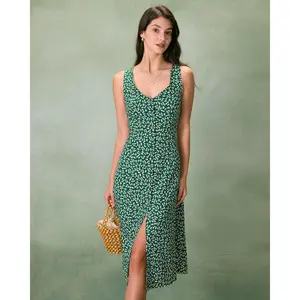 The Green V Neck Floral Button Midi Dress