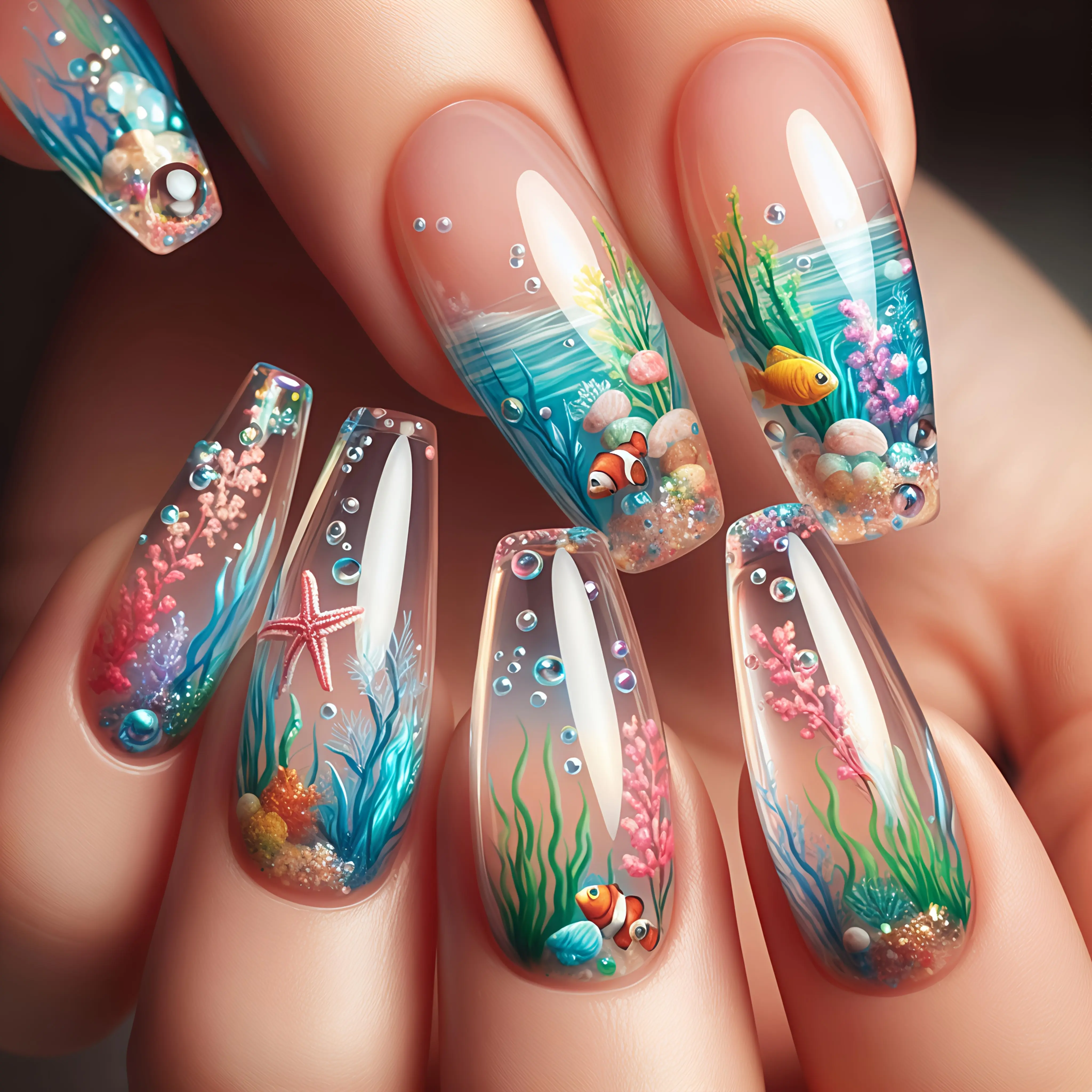 24pcs Ballet Shape Medium-Length Press-On Nails - Underwater Theme with Starfish, Clownfish &, Multi-Color Gradient Glossy Finish, Self-Adhesive Fake Nails Daily Wear, Travel, Parties (Includes Jelly Glue & Nail File), Party Accessories, Oceanic Designs,