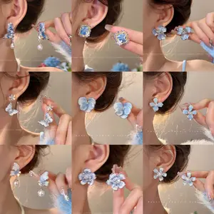 Silver Needle Blue Crystal Butterfly Flower Stud Earrings, Fashionable, Versatile, Fresh, Light Luxury, Elegant, High-End Ear Jewelry