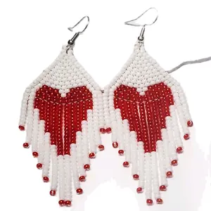 Heart Beaded Earrings - Red and White Beaded Design, Dangle Earrings for Women