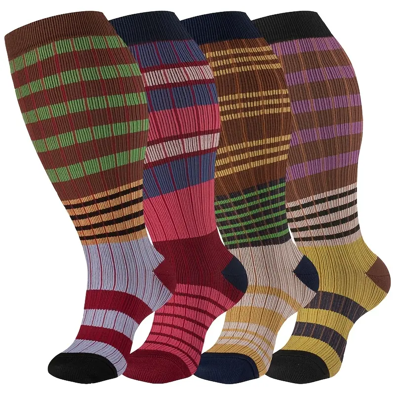 4 Pairs Plus Size Compression Socks for Men & Women, Striped Look Nylon Blend, Multi-Size Support for Athletic Sports & Travel