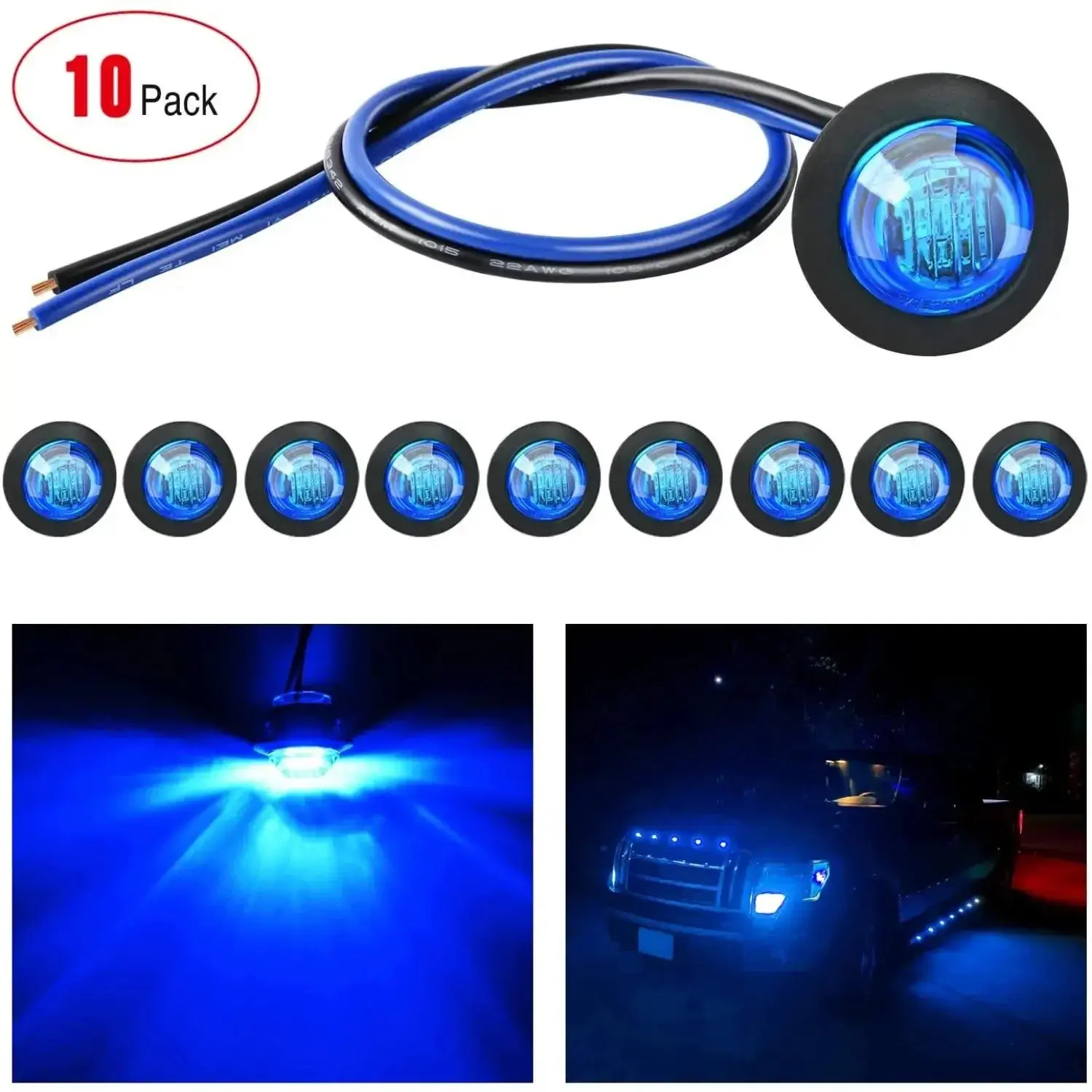 Nilight 3/4 in Blue Round LED Marker Lights (10 Pcs) - Clearance, Waterproof IP68 Rated, PC Lens, Mounting Hardware Included, LED Work Lights for Automotive & Truck Upgrades