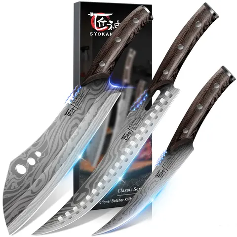 SYOKAMI 3-Piece Japanese High Carbon Steel Kitchen Knife Set - Hand Polished Curved Blade Butcher, Cleaver, Deboning Knives for Meat Cutting, Ideal Chef Gift for Christmas, Thanksgiving, Weddings