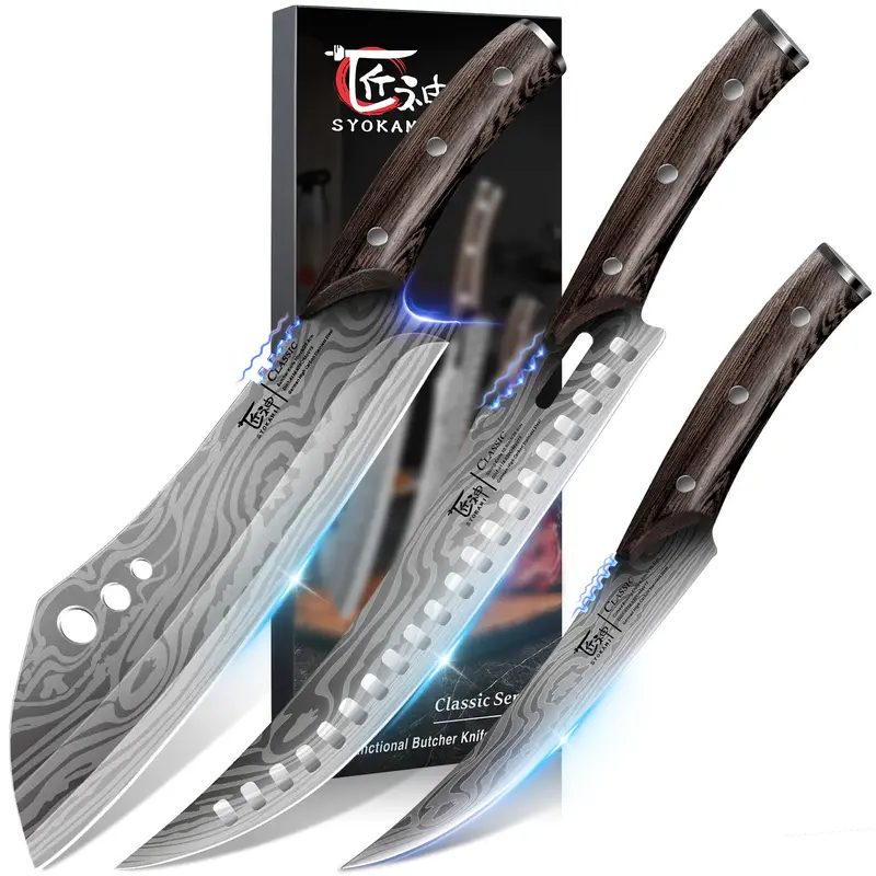 SYOKAMI 3-Piece Japanese High Carbon Steel Kitchen Knife Set - Hand Polished Curved Blade Butcher, Cleaver, Deboning Knives for Meat Cutting, Ideal Chef Gift for Christmas, Thanksgiving, Weddings