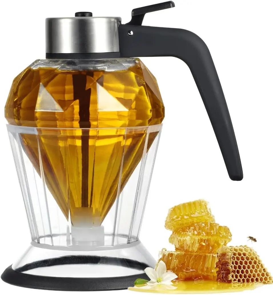 Elegant Diamond Shaped Honey Pot, Honey Jar With Stand Base, Glass Syrup Dispenser For Pancakes, No Drip Sauce Dispenser For Edible Oil, Vinegar, Soy Sauce, Honey Dispenser
