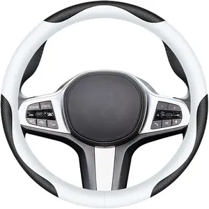 Leather  Steering Wheel Cover, Elegant, Fashionable, Comfortable, Non-Slip, Breathable, Universal 15 inch, Black and White