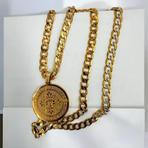 18K gold-plated Mayan and Aztec calendar chain necklace with center pendant and two-tone chain, stainless steel