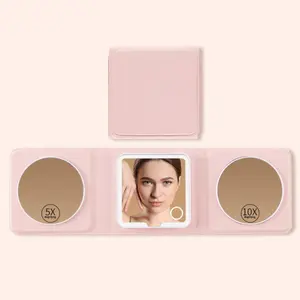 Tri-Fold Makeup Mirror with Lights - 10X/5X Magnifying Mirror with Light, Dimmable Handheld Mirror, Compact Mirror, Rechargeable Travel Mirror for Purse & Pocket Use (Pink Tri-Fold)