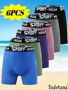 Men’s Underwear 6 Packs Solid Color / Letter Tape Stretchy Boxer Briefs, Slim Fit Casual Comfy Breathable Moisture Absorption Opening Crotch Undergarments for Daily Wear, All Seasons Athleisure Menswear