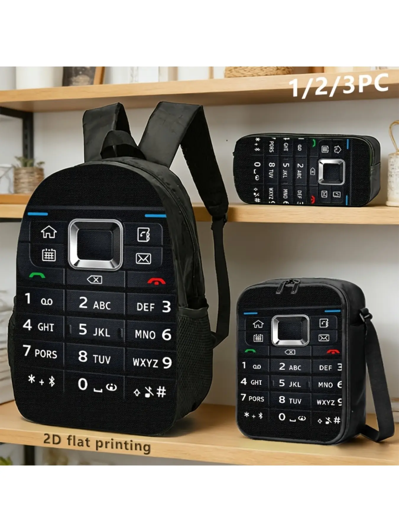 3pcs Retro Feature Phone-themed Backpack & Shoulder Bag with Keypad Design, Black Color, Nostalgic Style for Commuting, Travel, Daily Use; Blends Fashion with Utility.