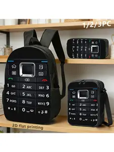 3pcs Retro Feature Phone-themed Backpack & Shoulder Bag with Keypad Design, Black Color, Nostalgic Style for Commuting, Travel, Daily Use; Blends Fashion with Utility.