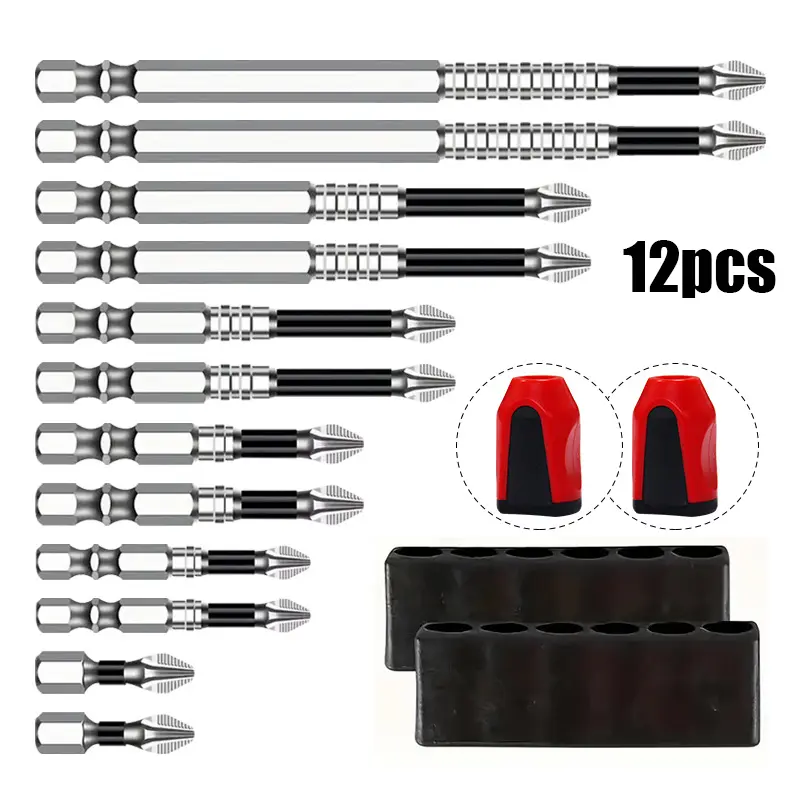 12Pcs High Magnetic Drill Bit Set with 2 Free Magnetizers, 2 Stands & Drill Attachments - Impact-Resistant, Non-Slip Screwdrivers for Impact Driver, Car Repair (25–150mm Power Tool Accessories Kit)
