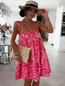 Elegant Women's Dress,  Womenswear Casual dress,Pink Leopard Print Off-shoulder Sleeveless Tie-waist Mini Dress, Vacation Beach sundress, Summer Women's Clothing