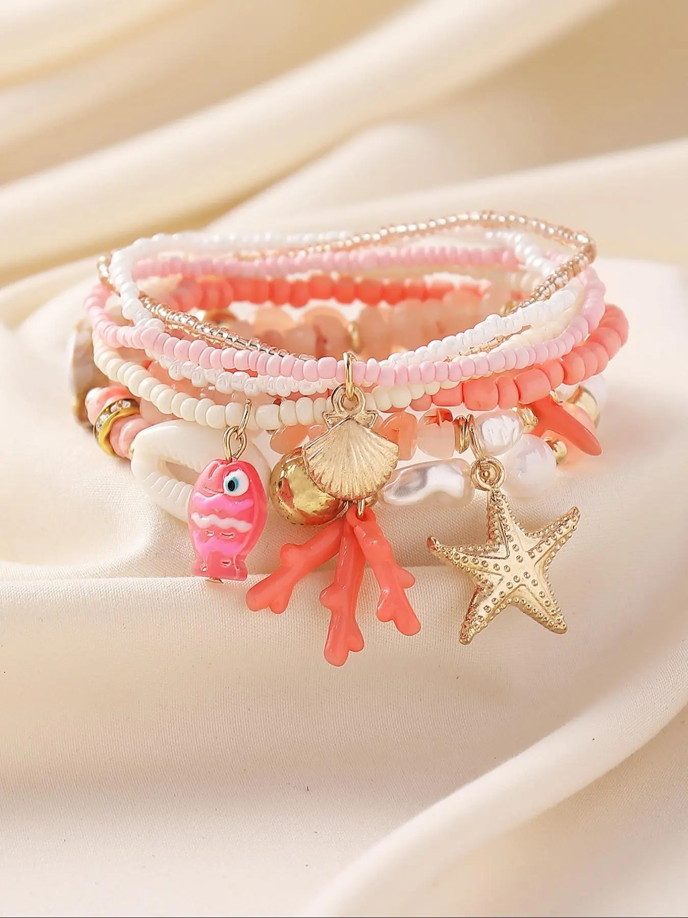 Boho Style Mermaid Themed Beaded Bracelet, Bohemian Bracelets, Fashionable Starfish & Shell Decor Beaded Bracelet for Women & Girls, Elegant All-match Fashion Accessories for Daily Wear, Pretty Bracelet, Jewelry Bracelet