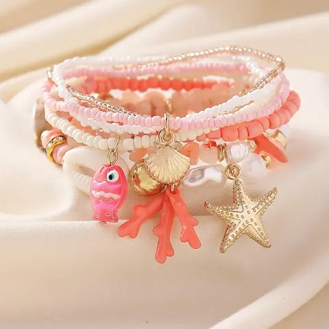 Boho Style Mermaid Themed Beaded Bracelet, Bohemian Bracelets, Fashionable Starfish & Shell Decor Beaded Bracelet for Women & Girls, Elegant All-match Fashion Accessories for Daily Wear, Jewelry Bracelet, Aesthetic Jewelry