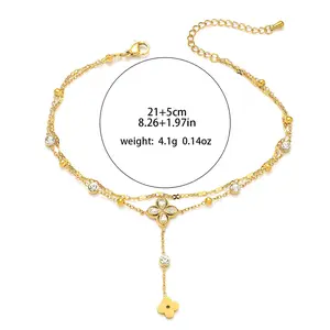 Ankle Bracelet for Women Fashion Tassel Flower Zircon Anklet Stainless Steel Double Layer Stacked Anklet Beach Vacation Accessories