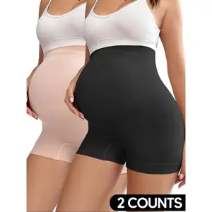 2 Pack Maternity Over Belly Support Shorts – Seamless Pregnancy Shapewear for Women, Belly Lift & Thigh Smoothing Underwear Combo (Black & Nude), Prenatal Maternity Clothing, Maternity Supplies