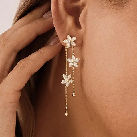 Women's Handcrafted Flower Drop Fashion Dangle Earrings - Elegant Minimalist Design Gold Crystal Accents, Unique Design Anniversary Keepsake Ear Accessories for Brides, Daily Gift