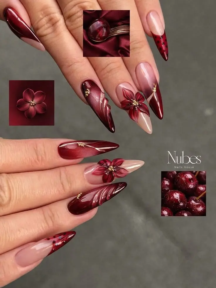 Cherry Red Floral Almond Press On Nails – Burgundy Ombre Gold Accent Set
