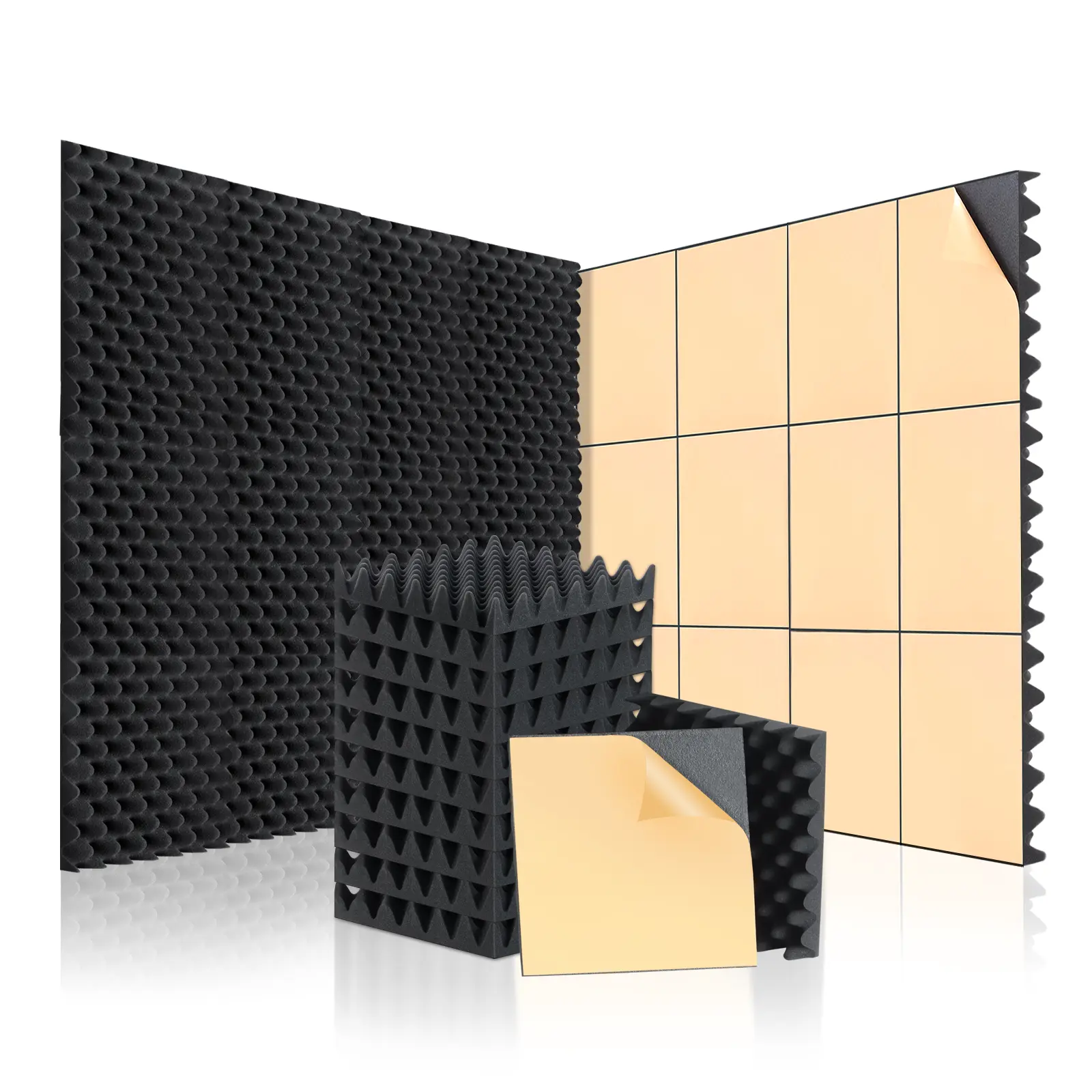SD SODOCT 24 Pack Egg-Crate Acoustic Foam Panels, 12 x 12 x 2 Inches Self-Adhesive Sound Proof Foam Panels for Walls, High Density Acoustic Foam for Studio, Home Theater, and Recording Rooms, Black