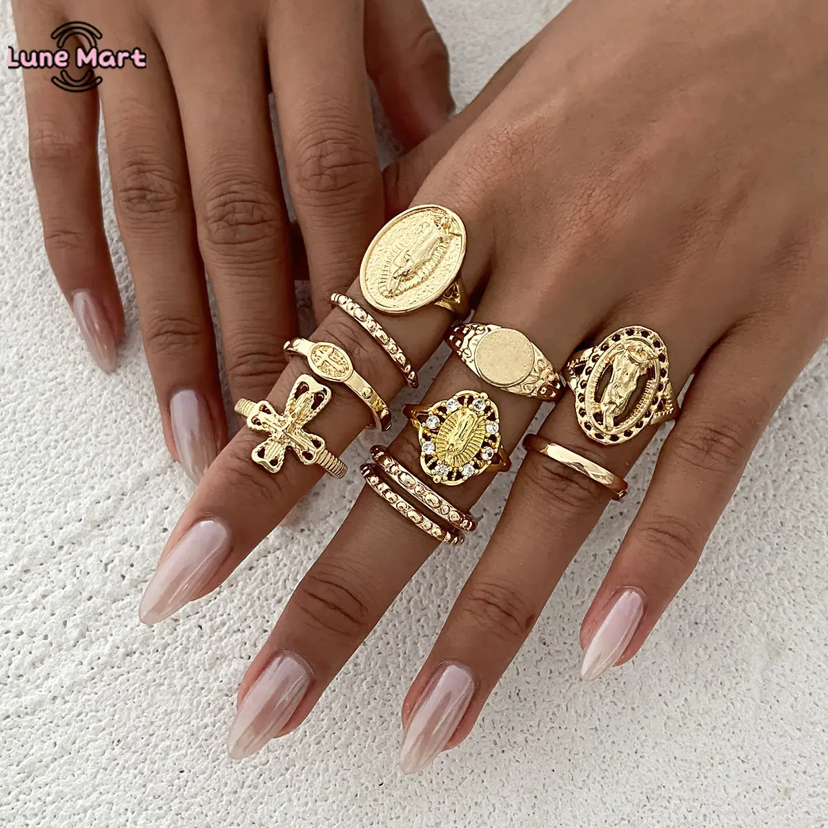 Women's 10-Pack Vintage Gold-Plated Ornate Chunky Stackable Ring Set, Boho Knuckle Costume Jewelry Accessories, Vintage Inspired Religious Cross Gold Ring for Females, Vintage Inspired Ring