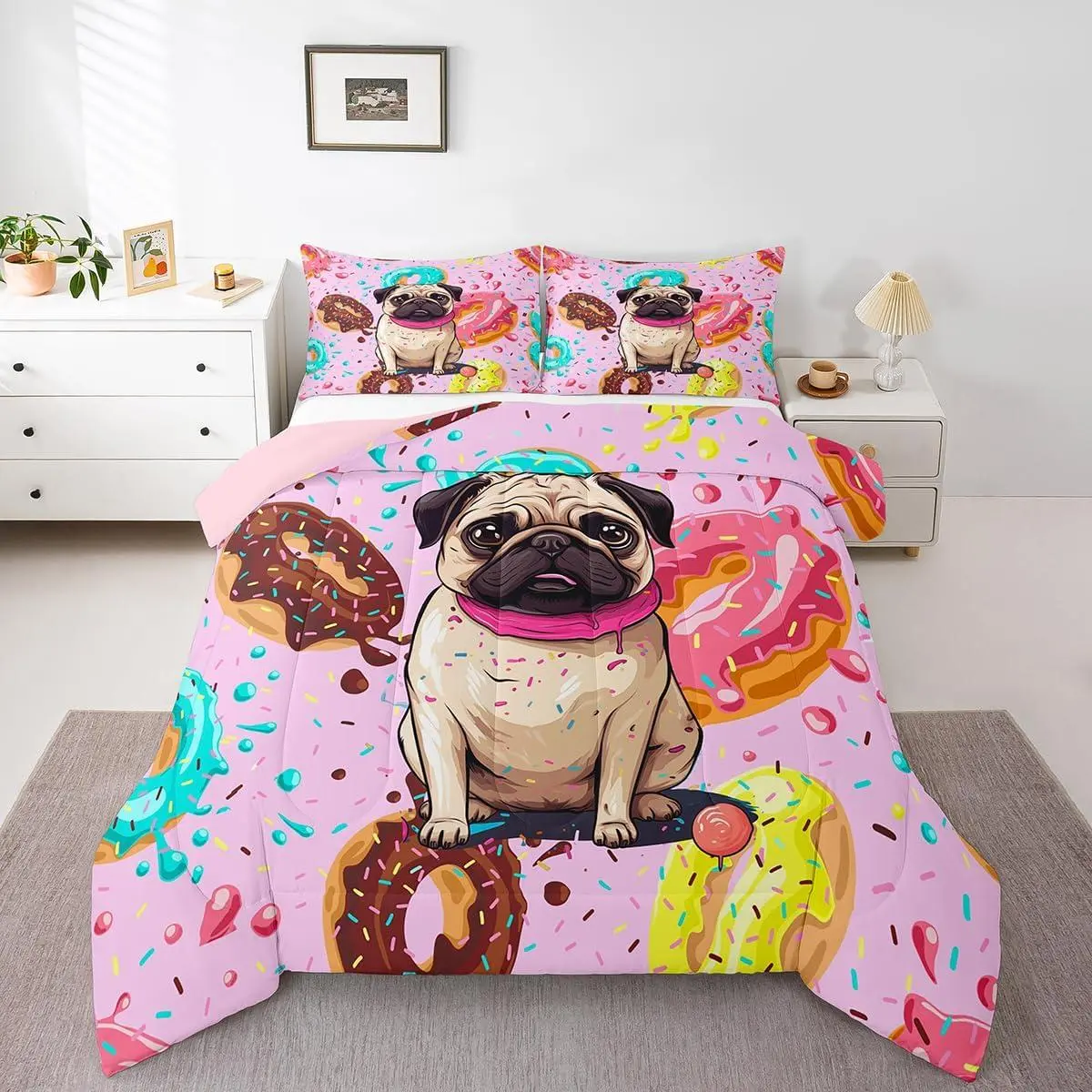 Feelyou Kawaii Puppy Duvet Set - Polyester Microfiber Blanket Set with Multicolor Donut Pug Insert, U-Stitching, Kid-Friendly, Multi-Size, Bedroom & Travel Use