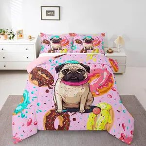Cute Puppy Comforter Set,Kawaii Pug Dog Multicolor Donut Insert Kids Boys Girls,Sweet Dessert Lovely Pet Animal Theme Bedding Set,Bedroom Duvet