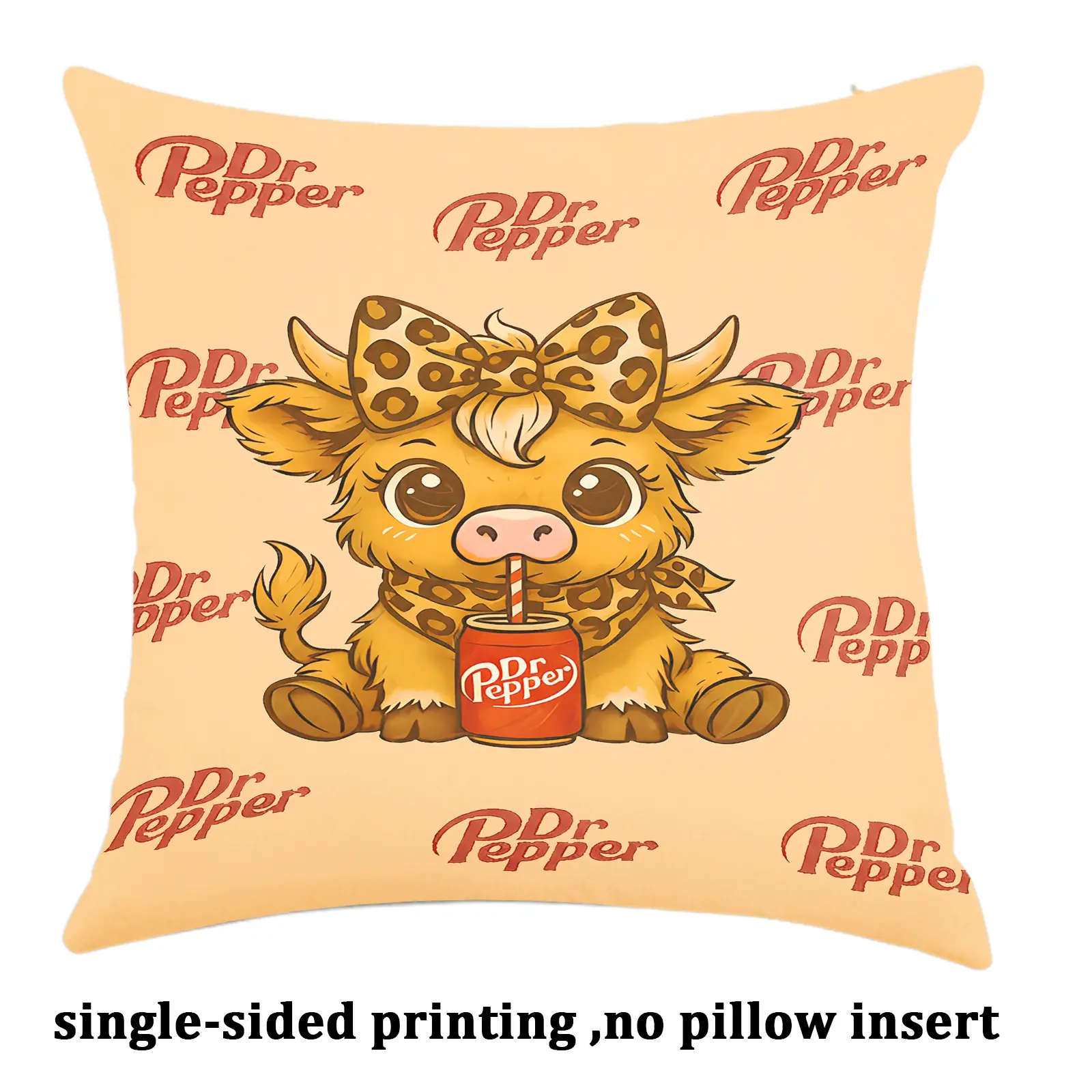 Cute Dr Pepper Highland Cow Throw Pillowcase,Leopard Print Bow & Repeating Logo Pattern Cover Throw Pillow Single-sided printing Linen Material ,no pillow insert,Bedroom Sofa Decorations.Perfect for Dr Pepper Fans,Ideal Gift