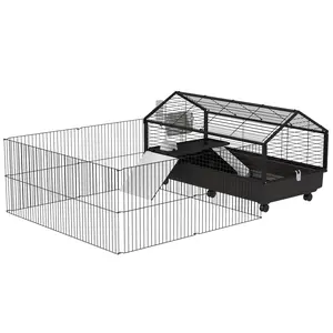 Small Animal Playpen Cage with Rolling Casters & 46.5in Water Bottle - Portable, Spacious for Rabbits - Indoor Use, Easy Mobility, Hydration Support