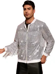 INSPIRE CHIC Shiny Tassel Jacket Men Zipper 70s Disco Sparkly Sequins Baseball Bomber Jackets