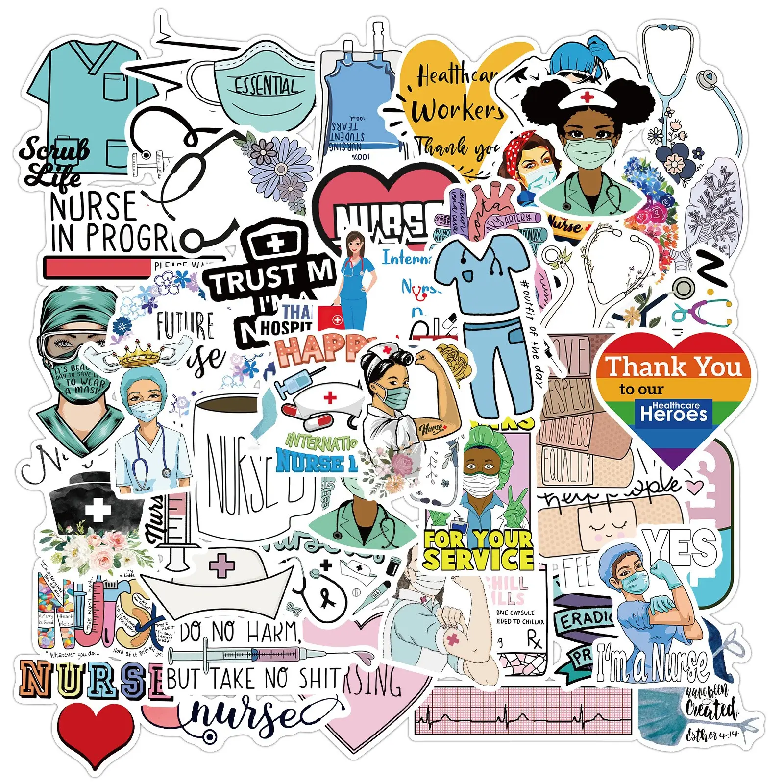 50 Pcs Nurses Day Stickers, Waterproof Vinyl Nursing Theme Stickers, Assorted Nurse Designs for Skateboard, Laptop, Fridge, Phone & Luggage