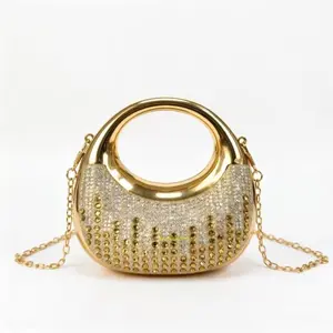 New Arrival Mini Shiny Rhinestone Moon Bag, Metal Texture Diamond Inlaid Design, Fashion Chain Clutch Purse for Party Banquet Gathering