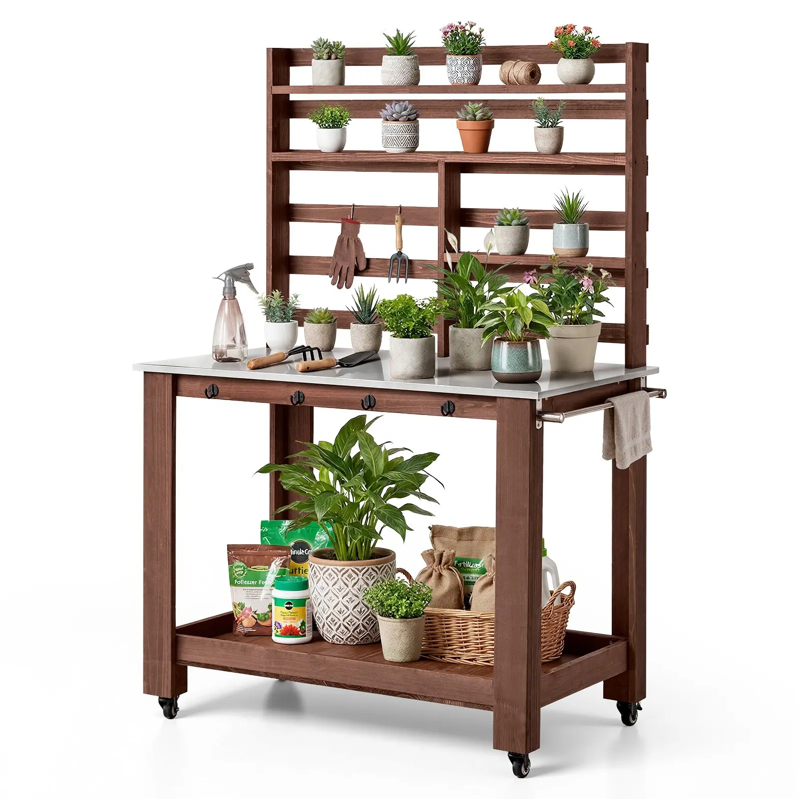 【Summerfinds】VEVOR Durable Waterproof Fir Wood Potting Bench Table, 45.28x25.98x66.73 in Upright Gardening Workstation, 48.50 lbs, 45x26 in Stainless Steel Tabletop, 5-Layer Shelf Style Storage, 4-Caster Base, Hooks for Patio Backyard, Brown, Easily A