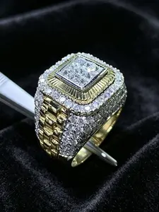 1PC Men's Hip Hop Ring, Fashion Ring, Jewelry Ring, 18K Gold Tone / Silver Tone Options, Iced Out Cubic Zirconia Heavy Craft Design, Bold Full Diamond Style, Hypoallergenic & Fade Resistant, Streetwear Accessory, Ideal Birthday Gift for Boyfriend