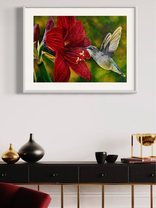 Soul of the Desert Watercolor Painting Featuring Red Flower & Hummingbird Artwork