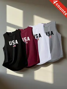 Men's Sport Sleeveless T-Shirt Set, Quick-Dry Breathable Usa Flag Print, Casual Gym Wear for Running Swimming All Seasons, Active Sportswear, Athletic Sports Clothing, Dry Fit Shirts, Activewear Clothing