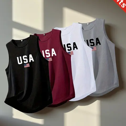 Men's Sport Sleeveless T-Shirt Set, Quick-Dry Breathable Usa Flag Print, Casual Gym Wear for Running Swimming All Seasons, Active Sportswear, Quick Drying Sportswear, Athletic Sports Clothing, Dry Fit Shirts, Activewear Clothing