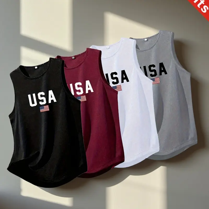 Men's Sport Sleeveless T-Shirt Set, Quick-Dry Breathable Usa Flag Print, Casual Gym Wear for Running Swimming All Seasons, Active Sportswear, Quick Drying Sportswear, Athletic Sports Clothing, Dry Fit Shirts, Activewear Clothing