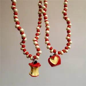 Y2K Cute Harajuku Resin Red Fruit Pendant Bead Choker Necklace Goth Vintage Aesthetic Vacation Scene 2000s EMO Accessories