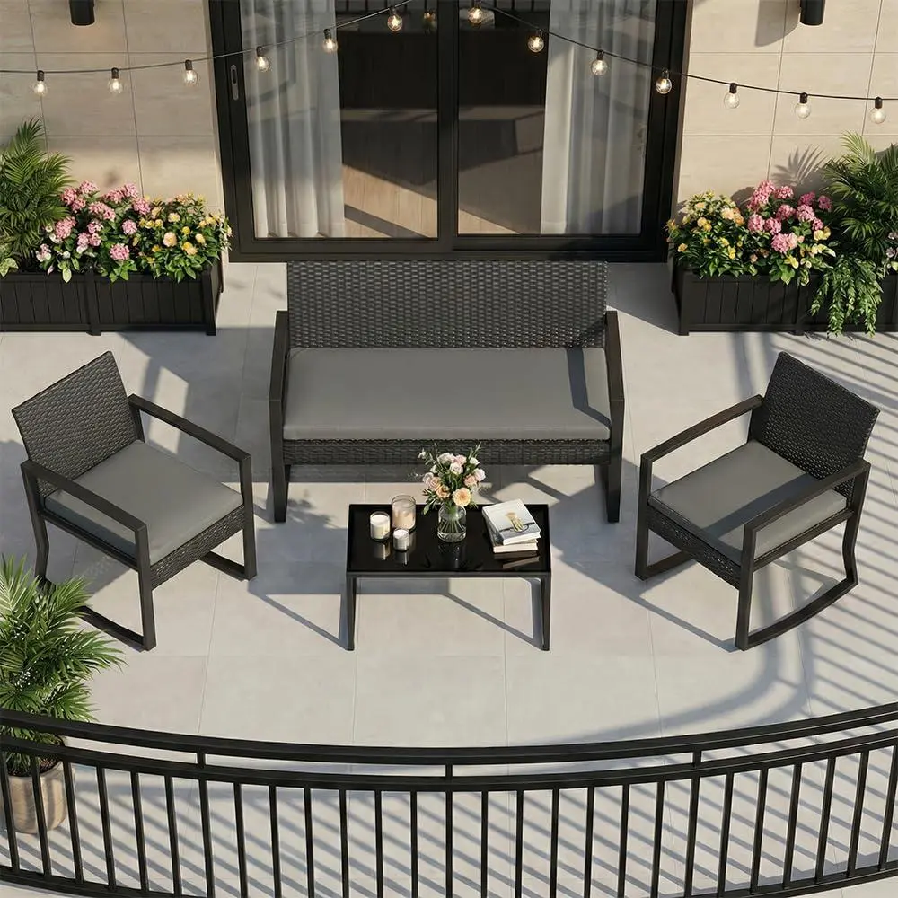 GARVEE 4-Piece PE Rattan Outdoor Rocking Chair Conversation Set with Coffee Table, Cushions, All-Weather Wicker Furniture for Patio, Porch (Black and Grey)