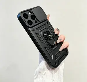 Rugged Hard Smartphone Casing - Cellphone Handheld Accessories with Slide Camera Cover, Screen Protector, and Stand for iPhone 17/16/15/14/13/12/11 Pro Max Plus (Black Protective Case)