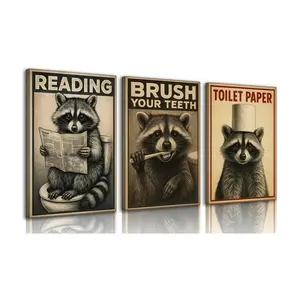 Unframed 3Pcs Funny Raccoon Bathroom Wall Art Set Vintage Animal Decor Prints Brush Teeth Reading Toilet Paper Cute Restroom Powder Room Signs Poster Pictures for Guest Bath